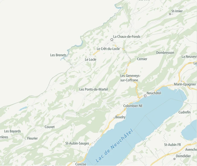 Carte des routes et localités : Neuchâtel, le Val-de-Ruz, La Chaux-de-Fonds, Le Locle et le Val-de-Travers au nord du lac de Neuchâtel